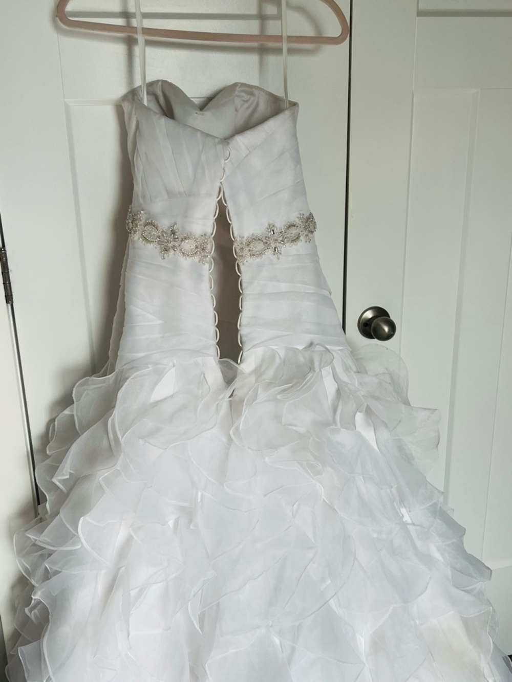 Romantic Strapless Ruffled White Wedding Gown with Beaded Waist - Picture 6 of 14